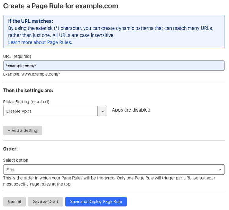 Example Page Rule with ‘Disable Apps’ setting