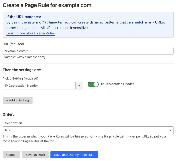 Example Page Rule with ‘IP Geolocation Header’ setting